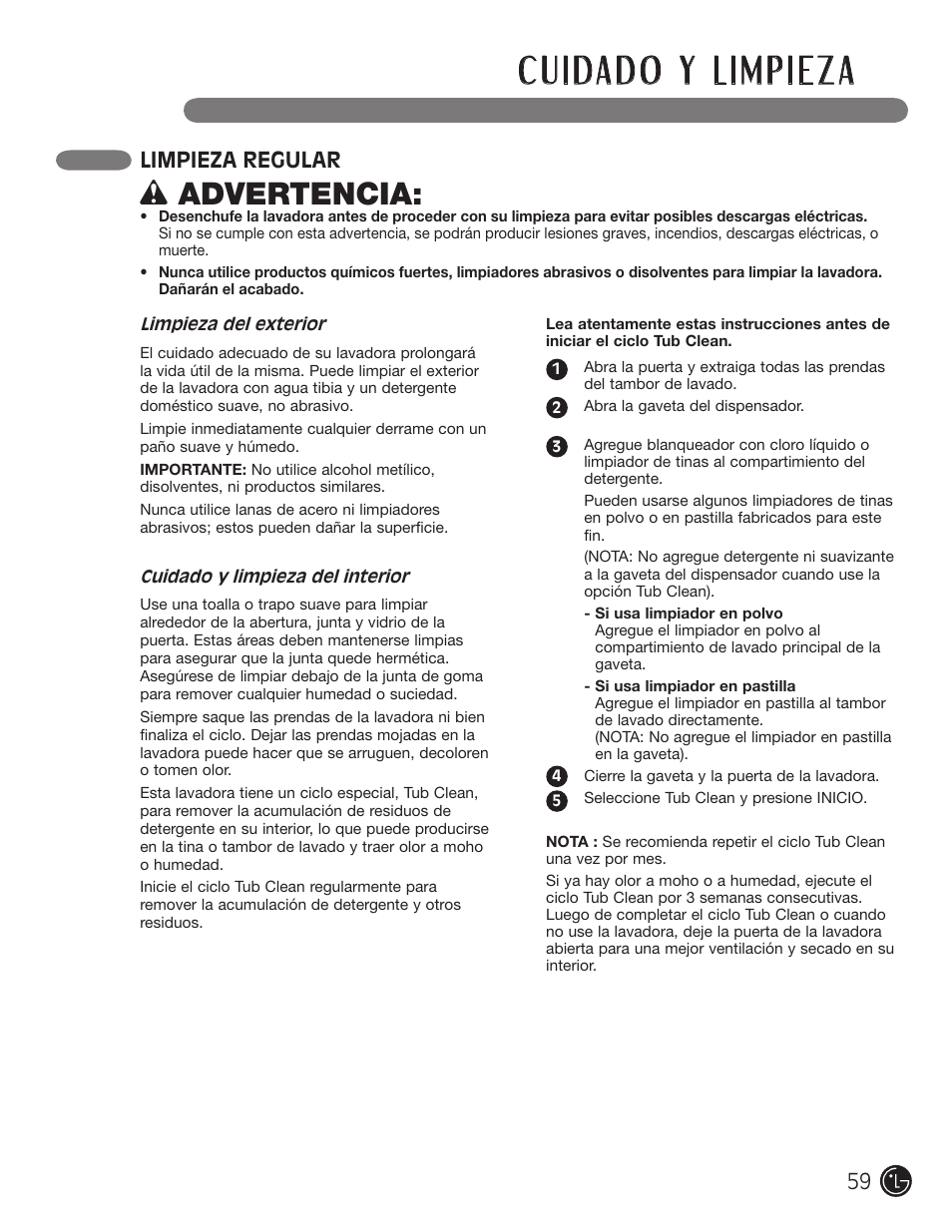Wadvertencia, Limpieza regular | LG WM3477HS User Manual | Page 60 / 109