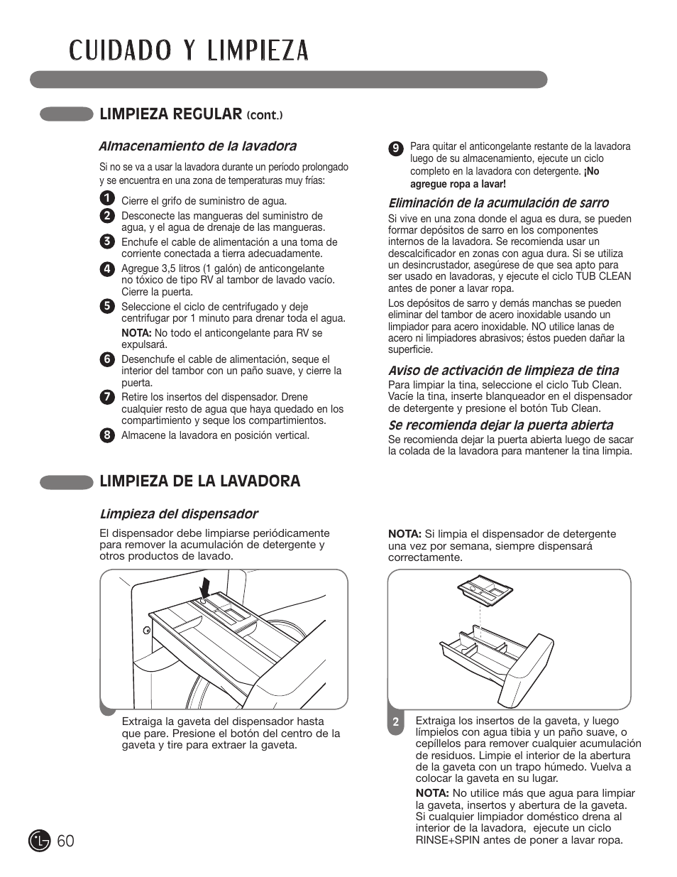 Limpieza de la lavadora, Limpieza regular | LG WM3477HS User Manual | Page 61 / 109