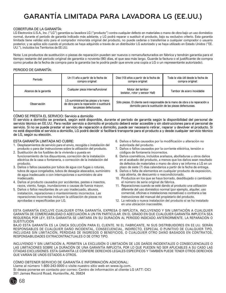 Garantía limitada para lavadora lg (ee.uu.) | LG WM3477HS User Manual | Page 69 / 109