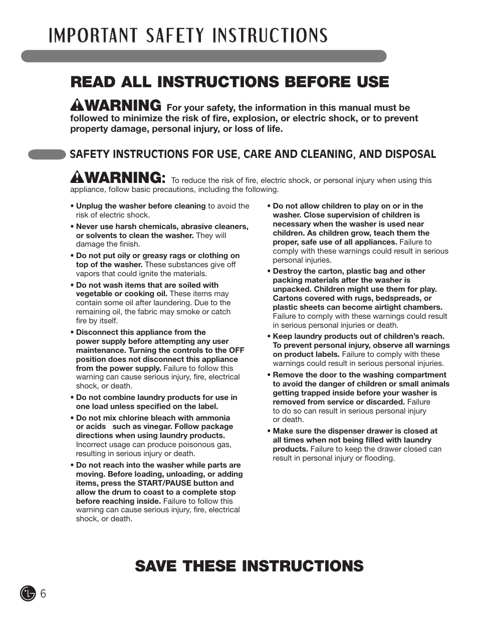 Wwarning | LG WM3477HS User Manual | Page 7 / 109