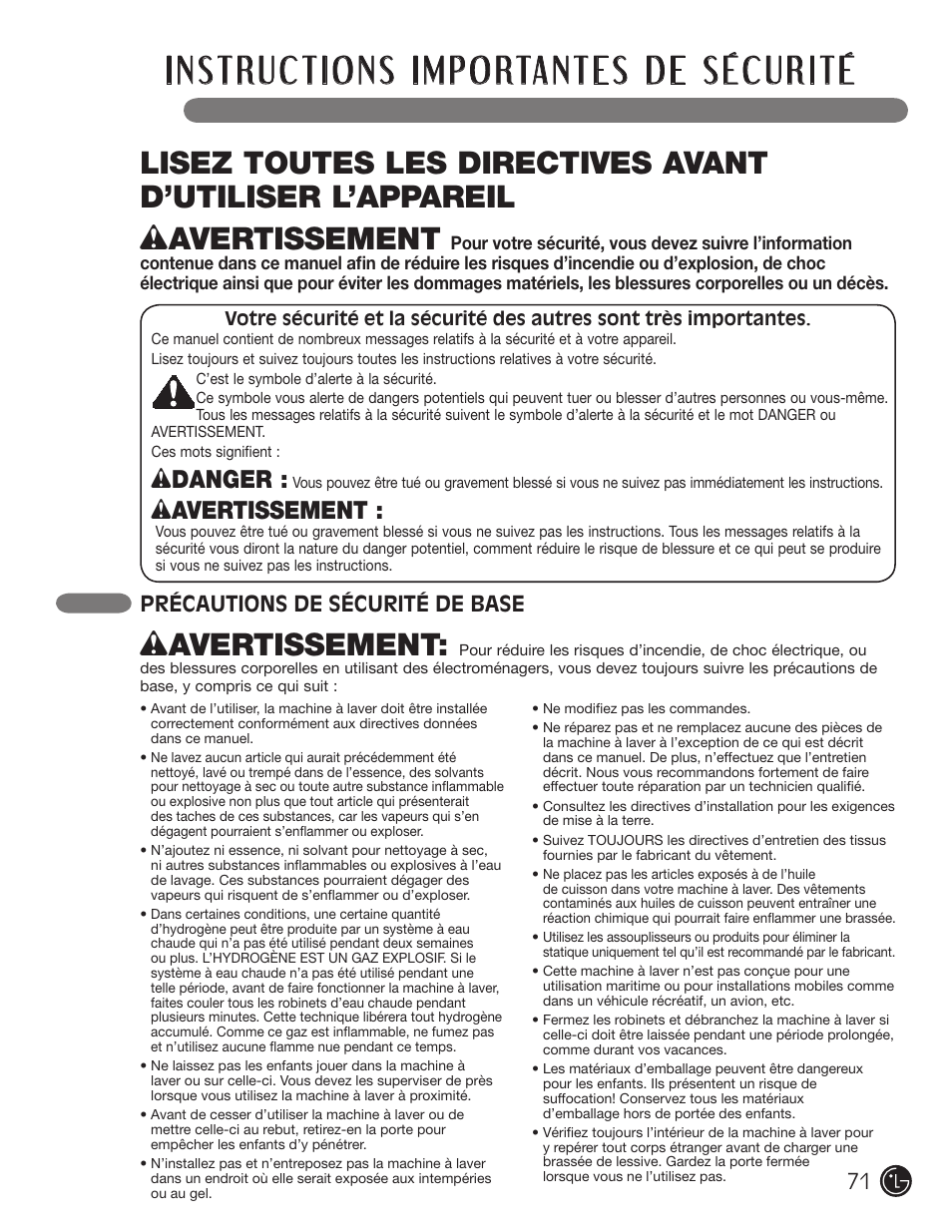 Wavertissement, Wdanger, Précautions de sécurité de base 71 | LG WM3477HS User Manual | Page 72 / 109