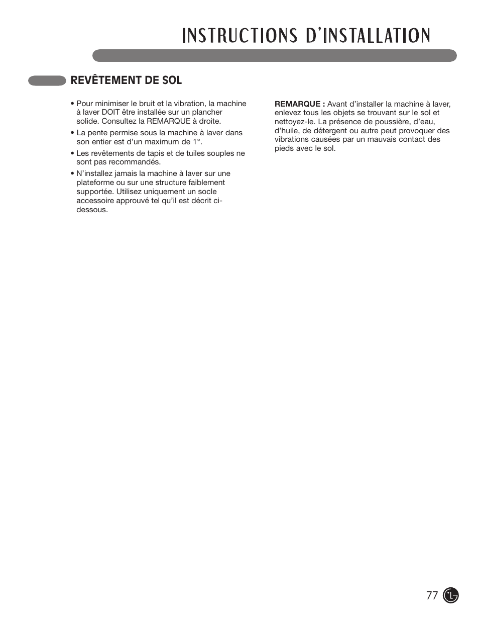 Revêtement de sol | LG WM3477HS User Manual | Page 78 / 109