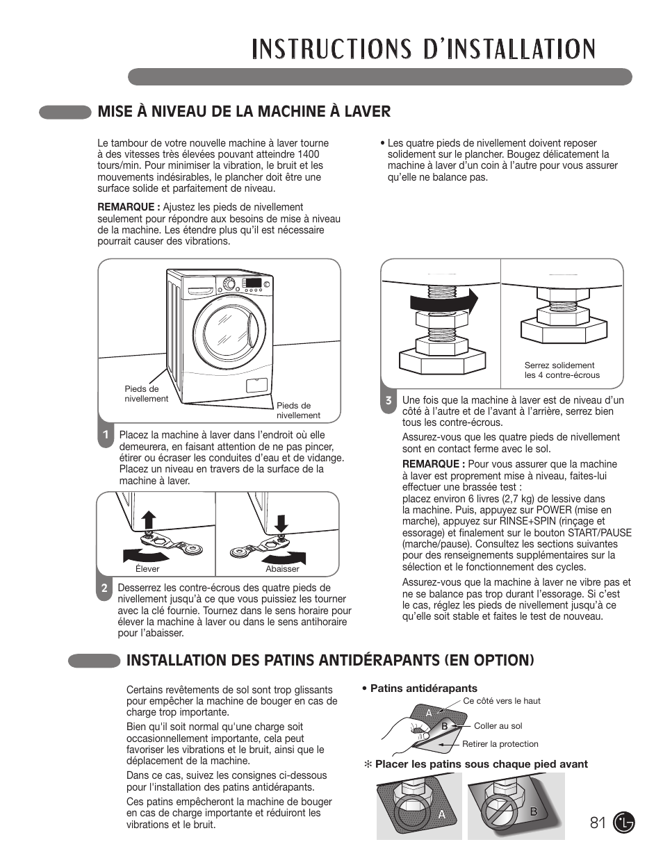 Mise à niveau de la machine à laver, Installation des patins antidérapants (en option) | LG WM3477HS User Manual | Page 82 / 109