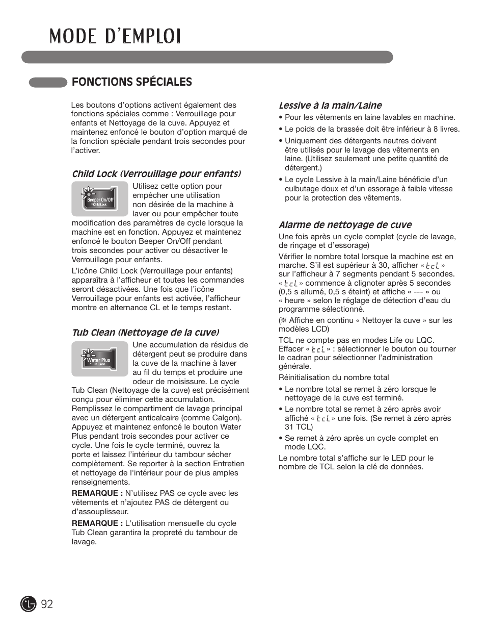 Fonctions spéciales | LG WM3477HS User Manual | Page 93 / 109