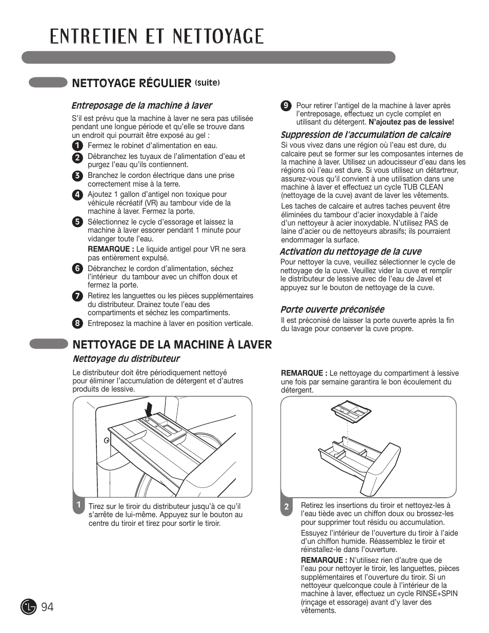 Nettoyage régulier, Nettoyage de la machine à laver | LG WM3477HS User Manual | Page 95 / 109