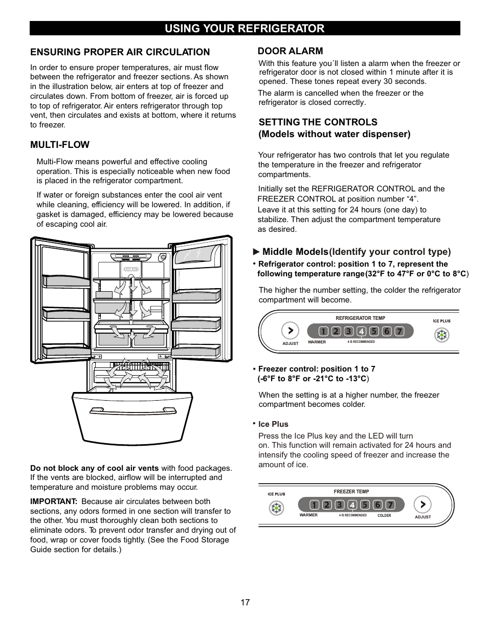 Using your refrigerator, Ensuring proper air circulation, Multi-flow | Setting the controls, Models without water dispenser), Door alarm, Middle models, Identify your control type) | LG LFC22740TT User Manual | Page 17 / 36