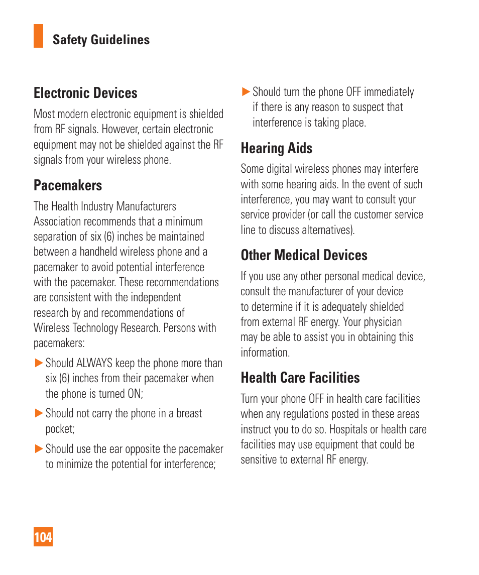 Electronic devices, Pacemakers, Hearing aids | Other medical devices, Health care facilities | LG C410 User Manual | Page 104 / 124