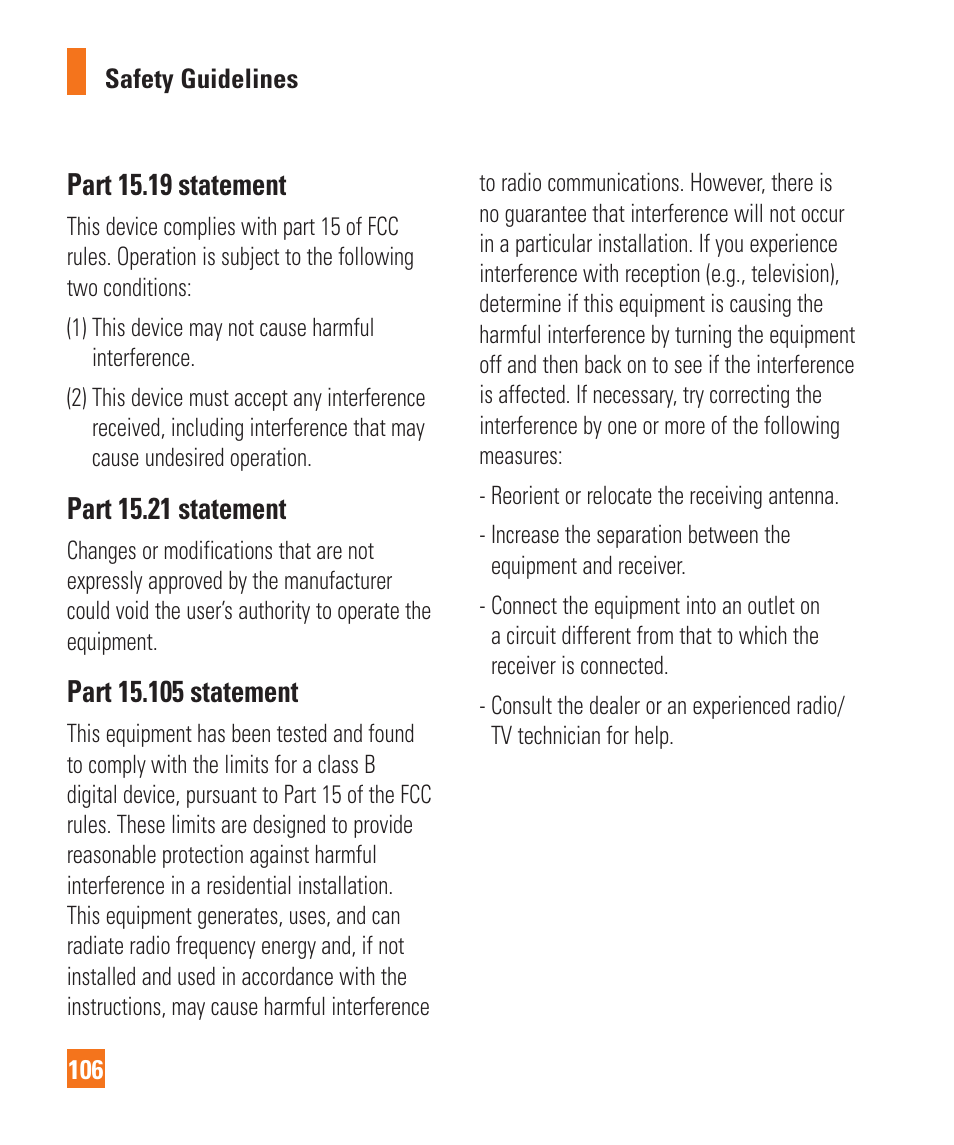 Part 15.19 statement, Part 15.21 statement | LG C410 User Manual | Page 106 / 124