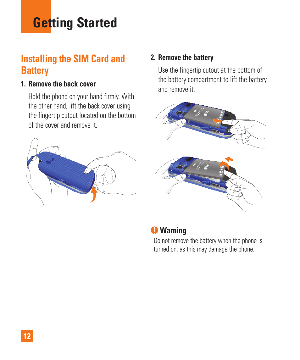 Getting started, Installing the sim card and battery | LG C410 User Manual | Page 12 / 124