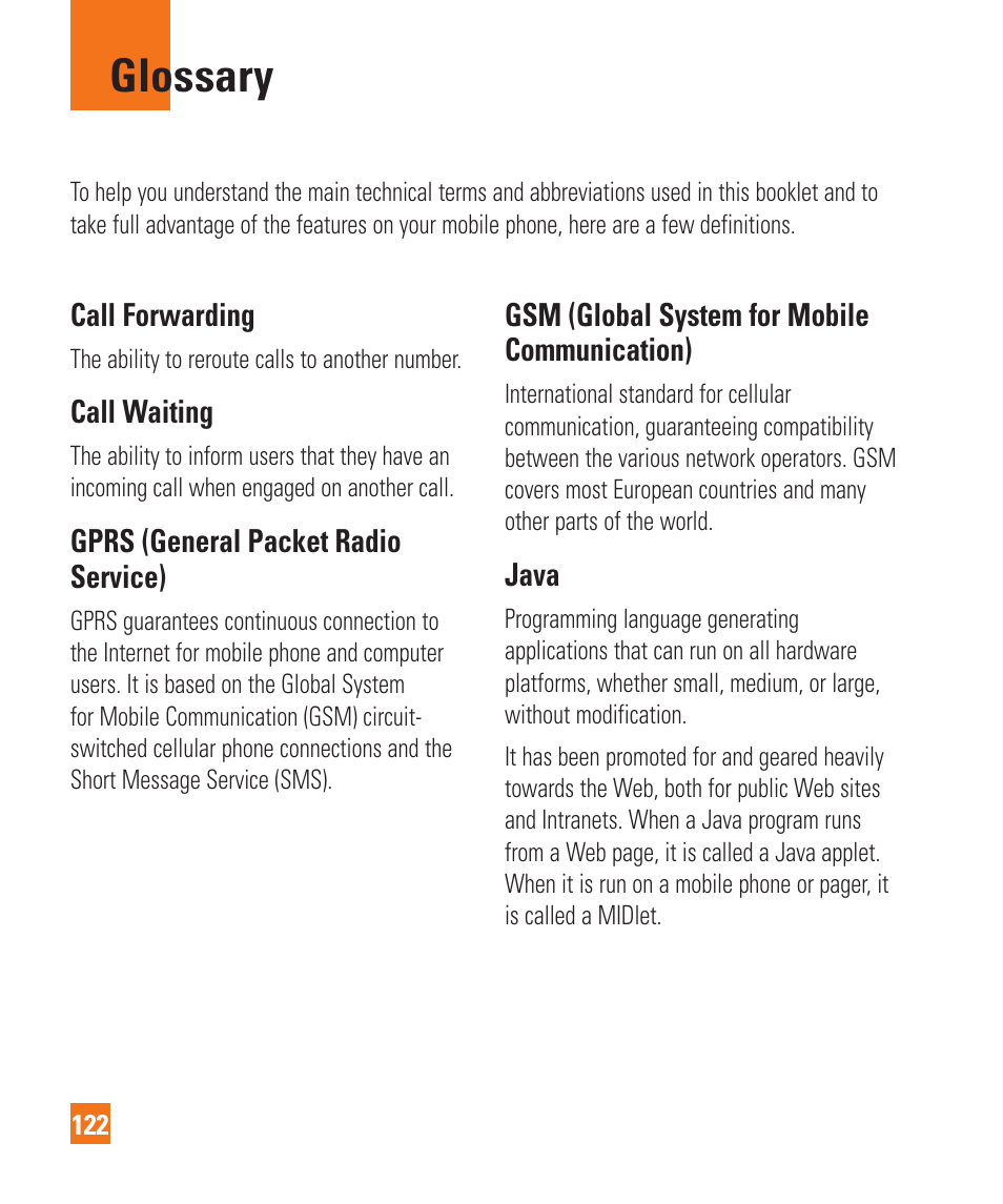 Glossary | LG C410 User Manual | Page 122 / 124