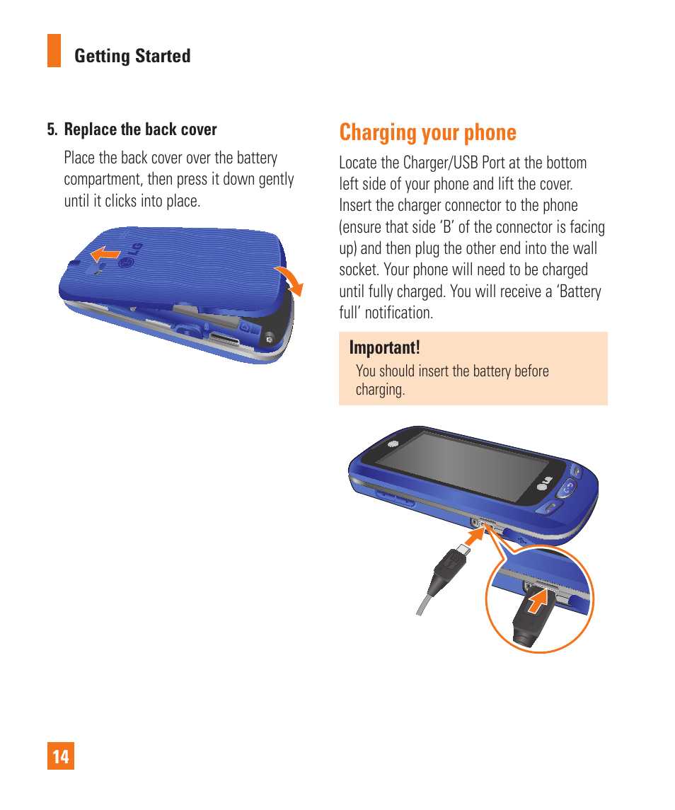 Charging your phone | LG C410 User Manual | Page 14 / 124