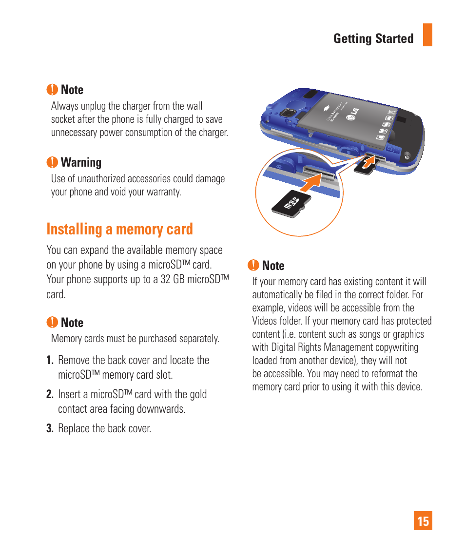 Installing a memory card | LG C410 User Manual | Page 15 / 124
