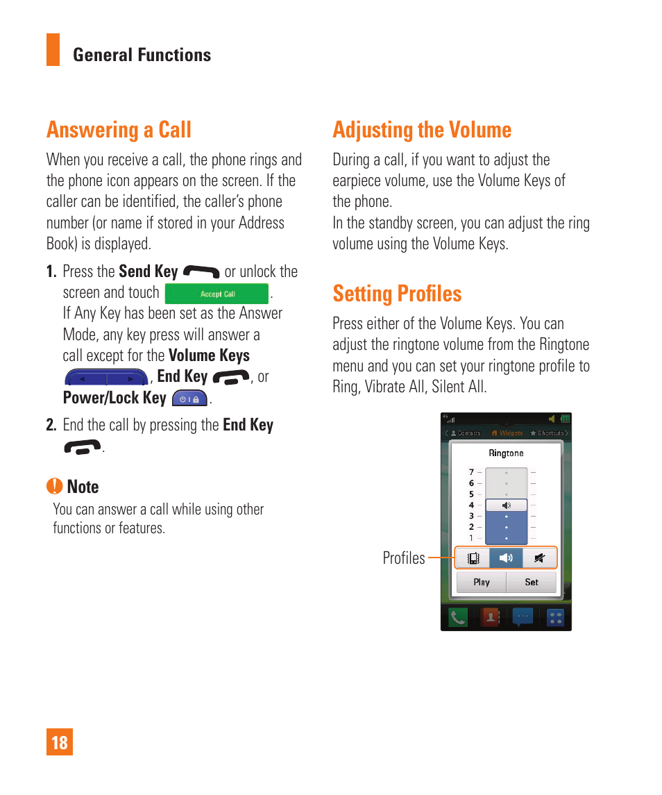 Answering a call, Adjusting the volume, Setting profiles | Setting proﬁles | LG C410 User Manual | Page 18 / 124