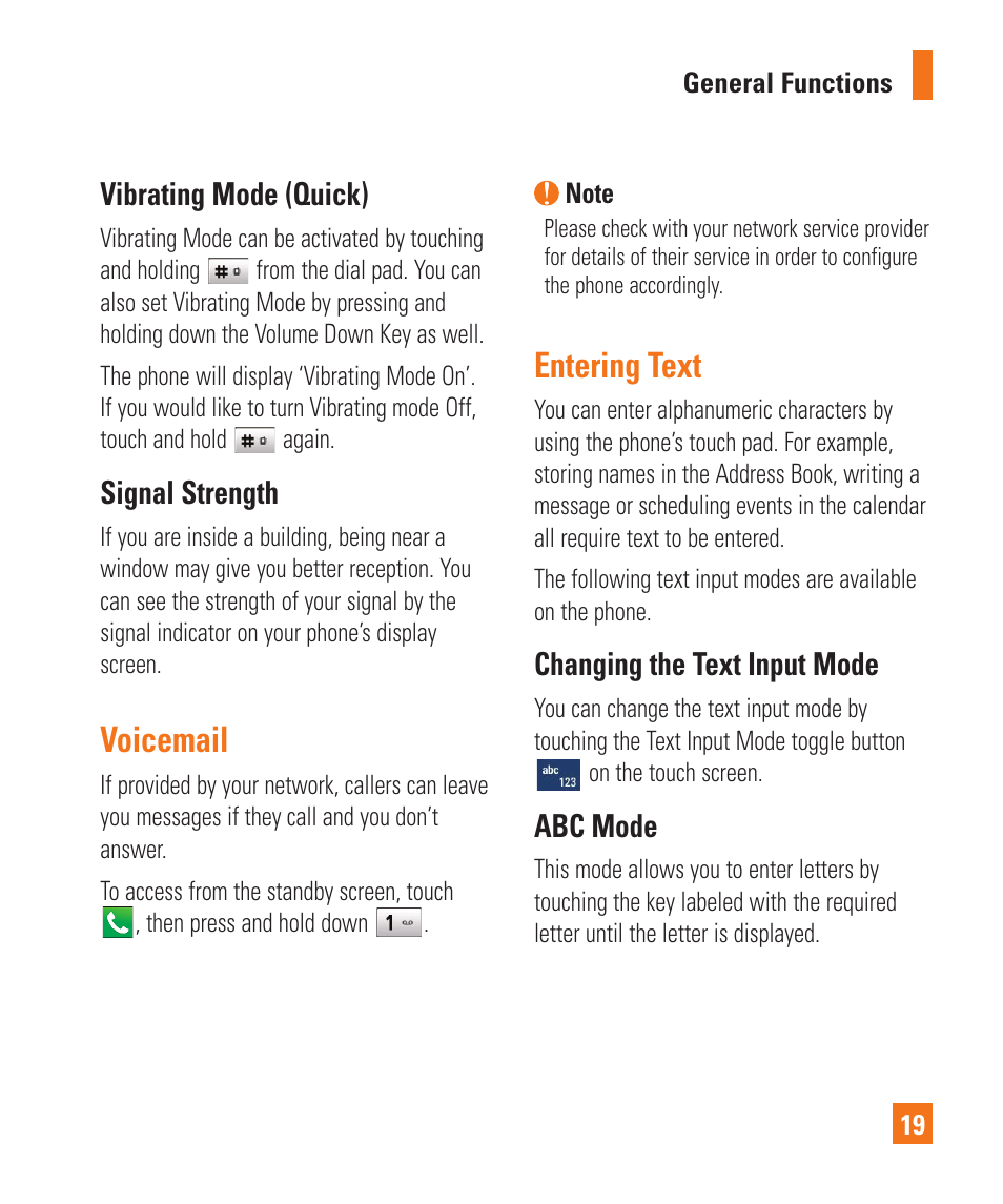Voicemail, Entering text | LG C410 User Manual | Page 19 / 124