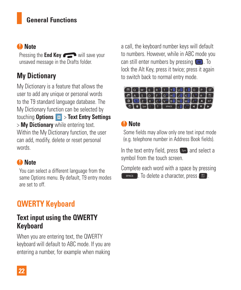 Qwerty keyboard, My dictionary, Text input using the qwerty keyboard | LG C410 User Manual | Page 22 / 124