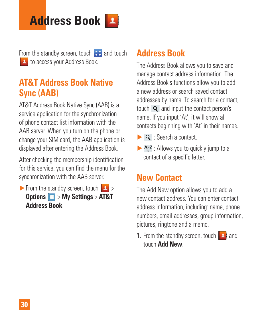 Address book, At&t address book native sync (aab), New contact | LG C410 User Manual | Page 30 / 124