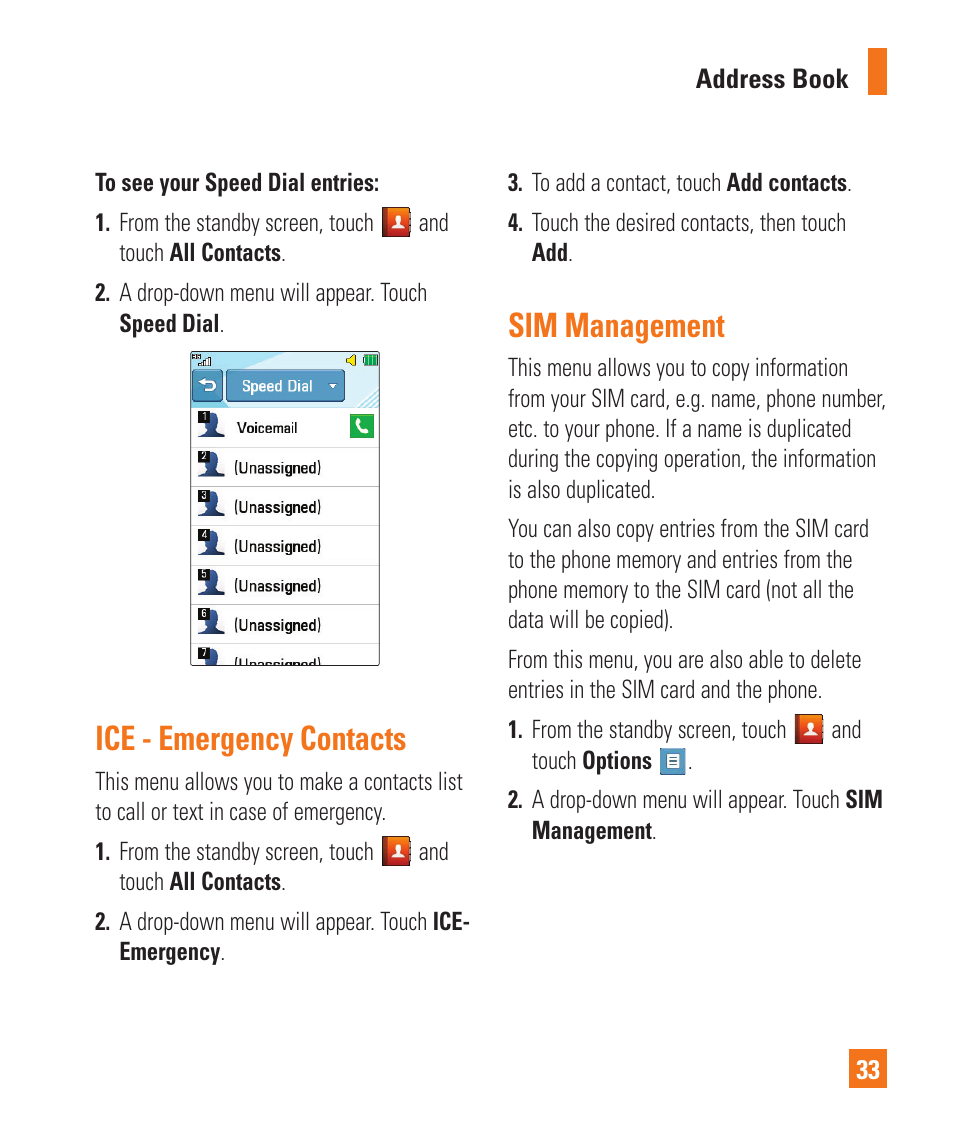 Ice - emergency contacts, Sim management | LG C410 User Manual | Page 33 / 124