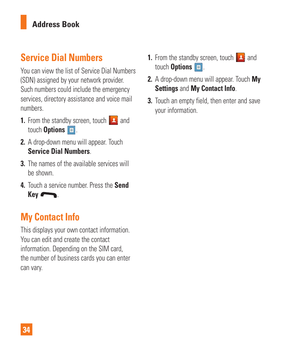 Service dial numbers, My contact info | LG C410 User Manual | Page 34 / 124