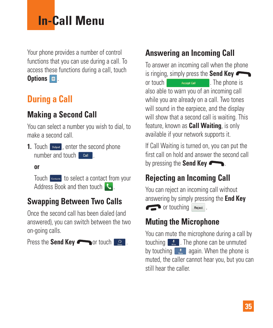 In-call menu, During a call, Making a second call | Swapping between two calls, Answering an incoming call, Rejecting an incoming call, Muting the microphone | LG C410 User Manual | Page 35 / 124
