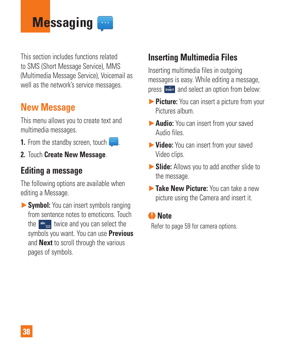 Messaging, New message, Editing a message | Inserting multimedia files | LG C410 User Manual | Page 38 / 124