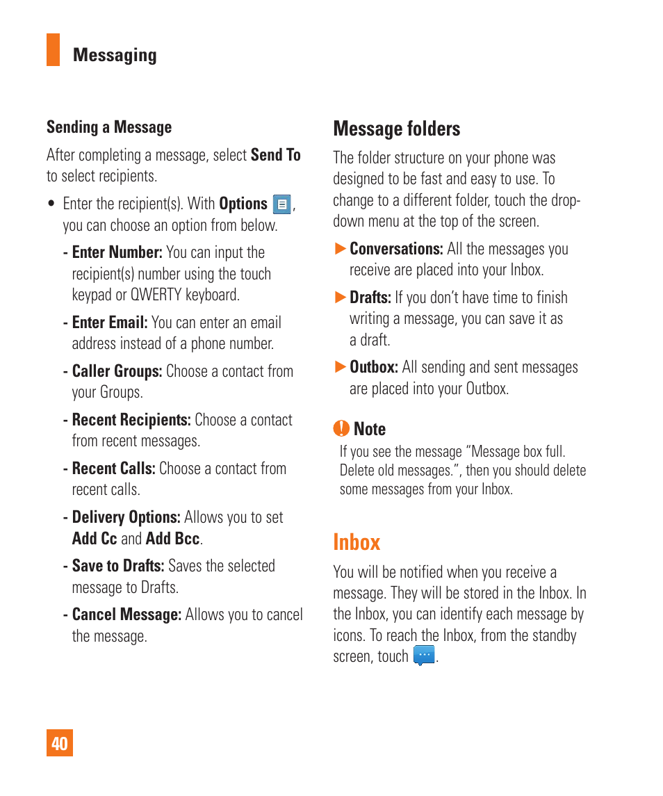 Inbox, Message folders | LG C410 User Manual | Page 40 / 124
