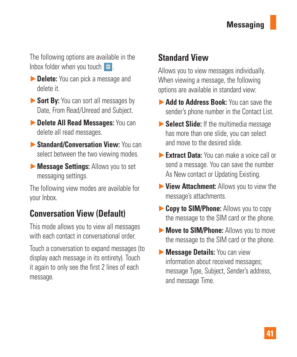 Conversation view (default), Standard view, Conversation view (default) standard view | LG C410 User Manual | Page 41 / 124