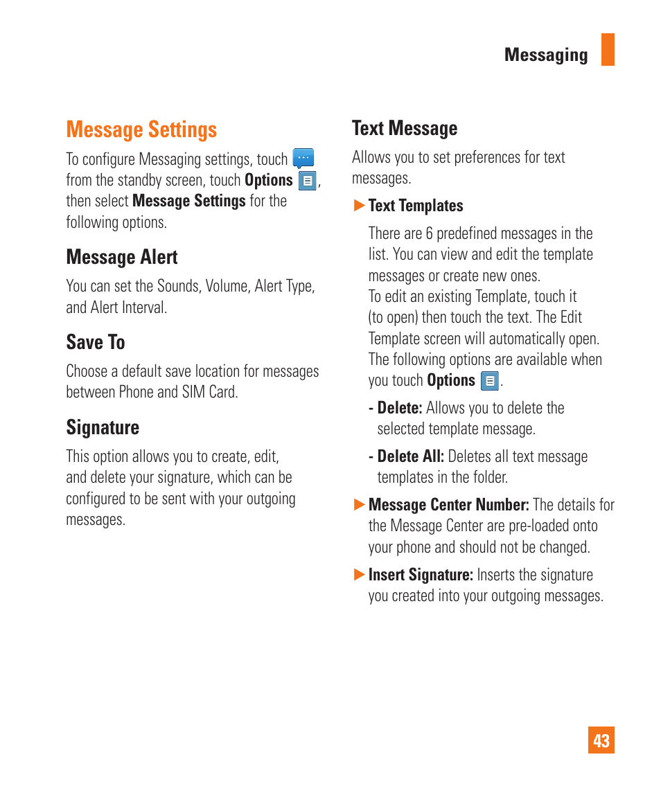 Message settings, Message alert, Save to | Signature, Text message | LG C410 User Manual | Page 43 / 124