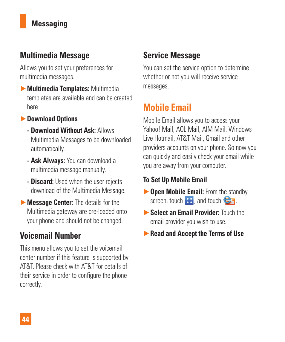 Multimedia message, Voicemail number, Service message | Mobile email | LG C410 User Manual | Page 44 / 124