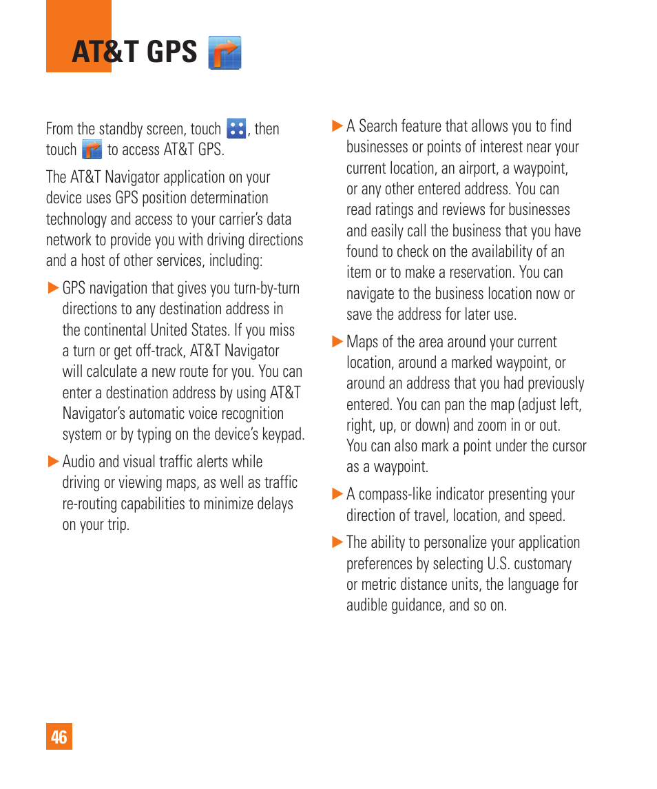 At&t gps | LG C410 User Manual | Page 46 / 124