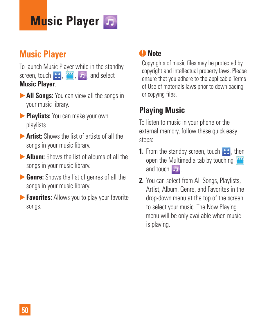 Music player, Playing music | LG C410 User Manual | Page 50 / 124