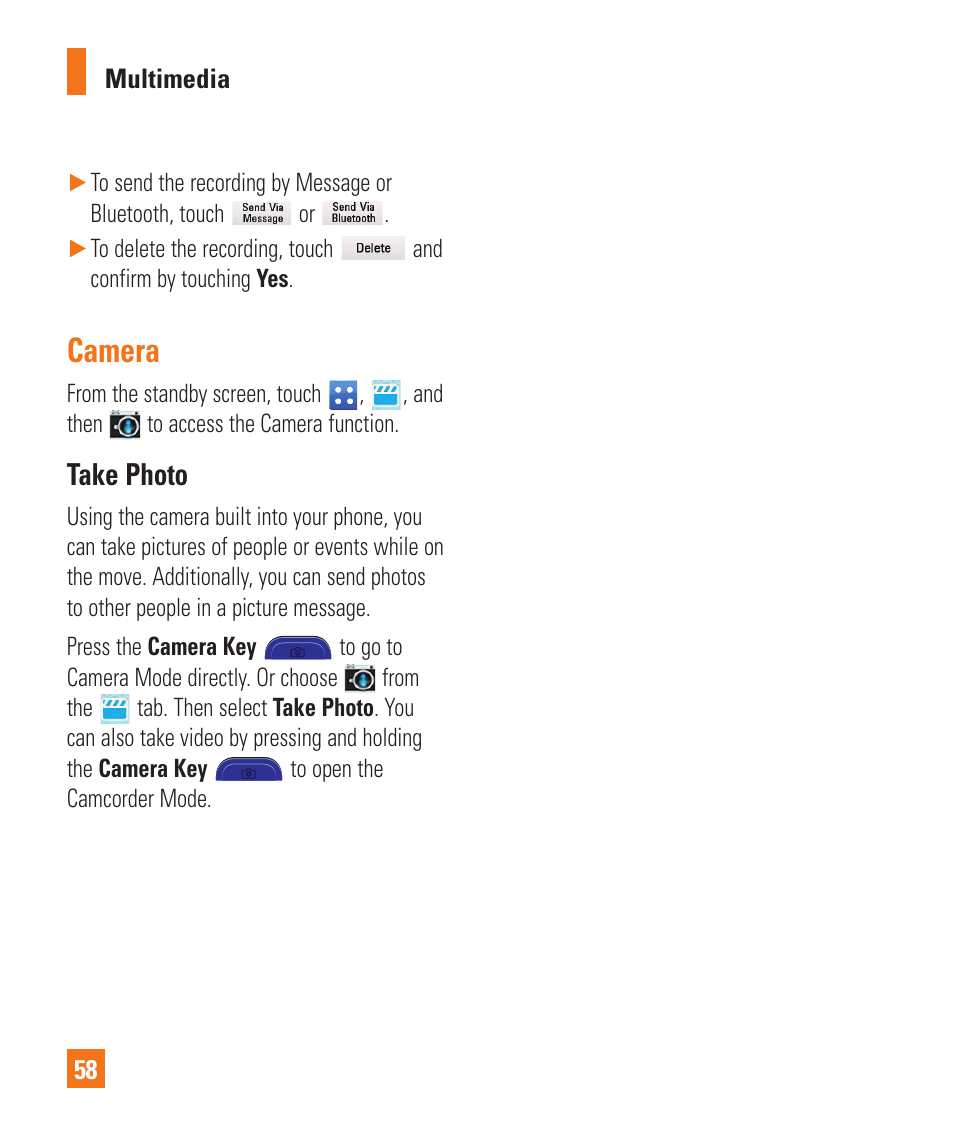 Camera, Take photo, Camera take photo | LG C410 User Manual | Page 58 / 124