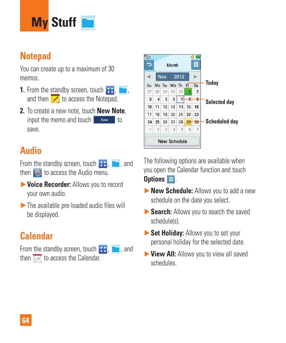My stuff, Notepad, Audio | Calendar | LG C410 User Manual | Page 64 / 124