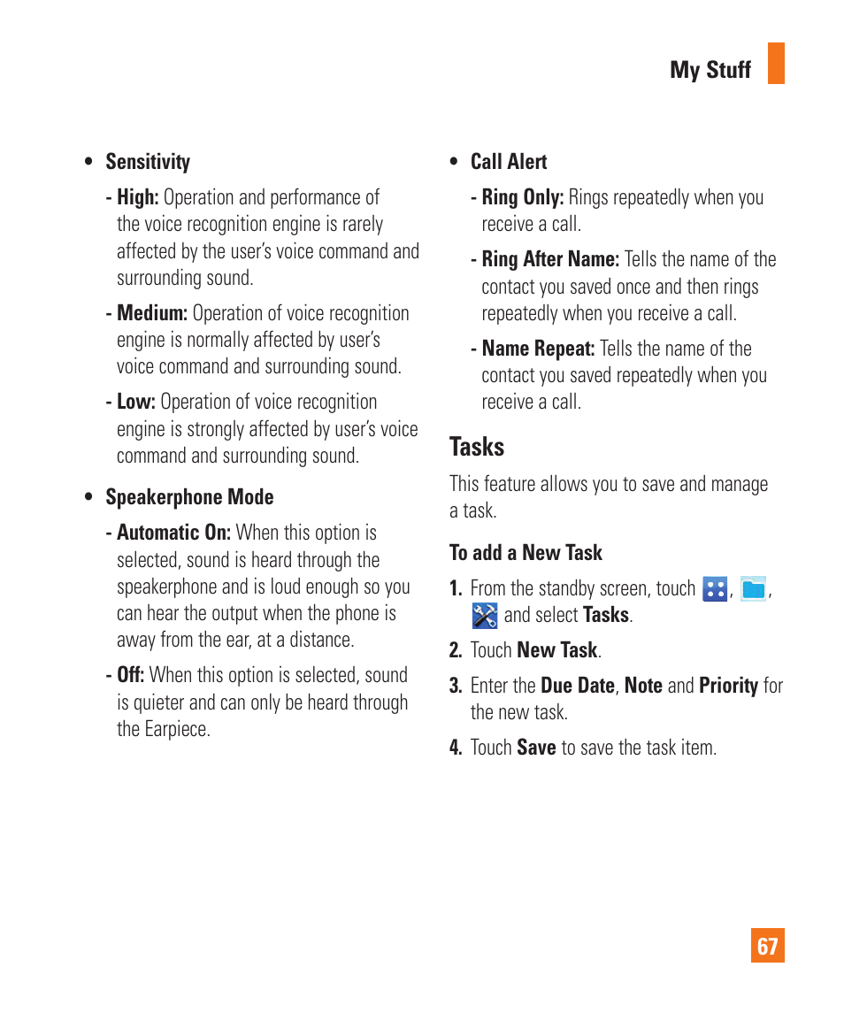 Tasks | LG C410 User Manual | Page 67 / 124