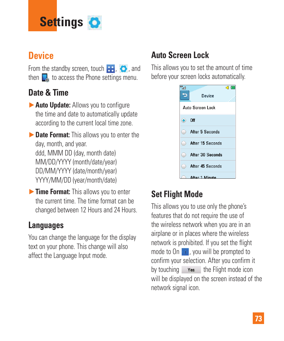 Settings, Device, Date & time | Languages, Auto screen lock, Set flight mode | LG C410 User Manual | Page 73 / 124