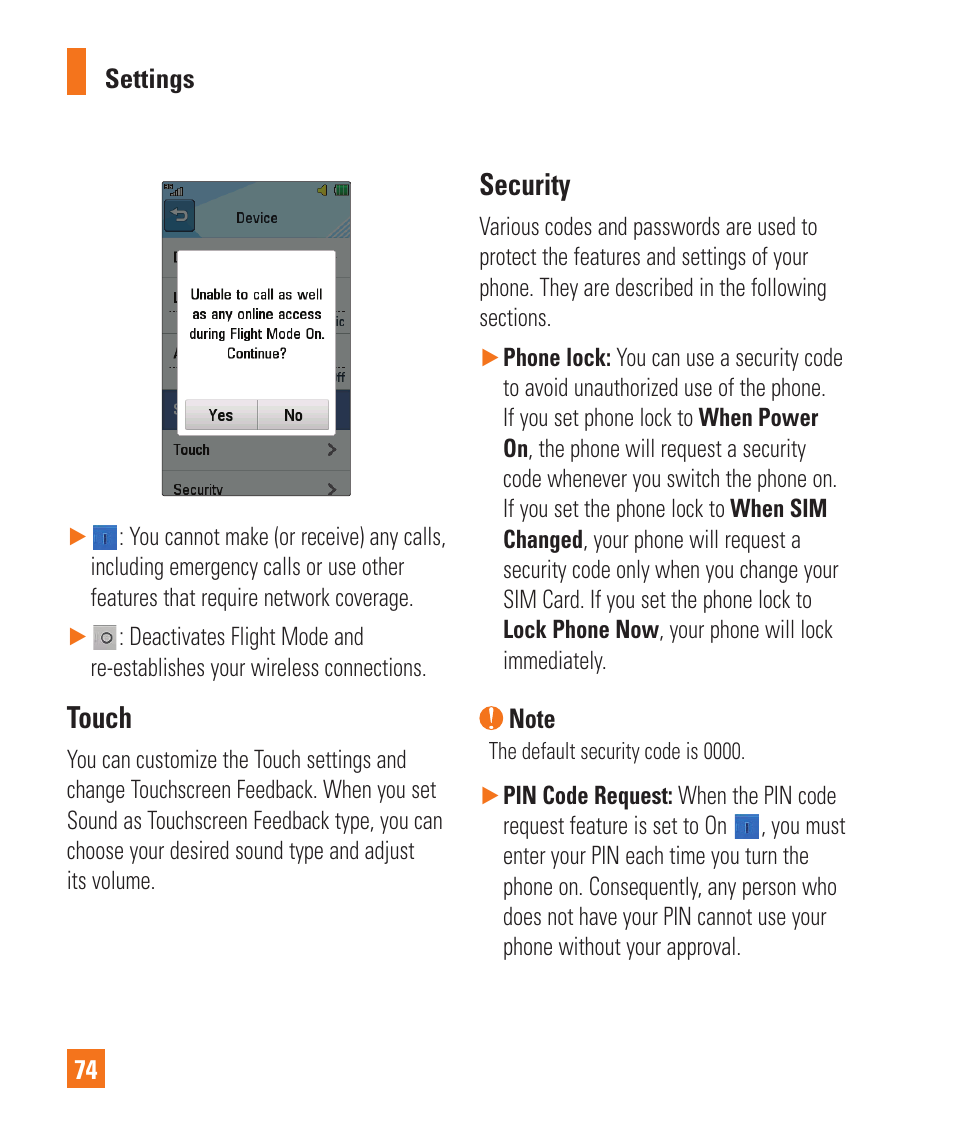 Touch, Security, Touch security | LG C410 User Manual | Page 74 / 124