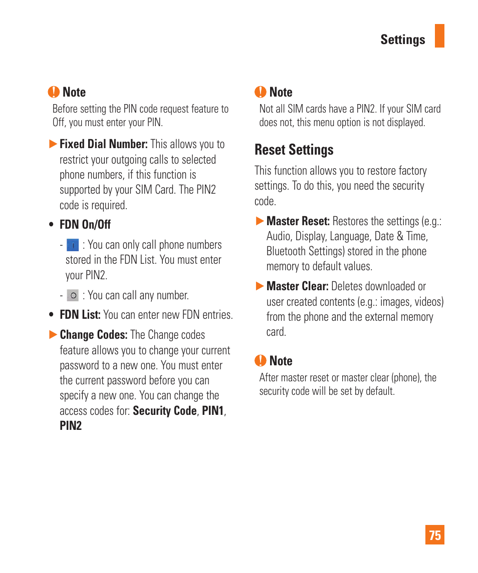 Reset settings | LG C410 User Manual | Page 75 / 124