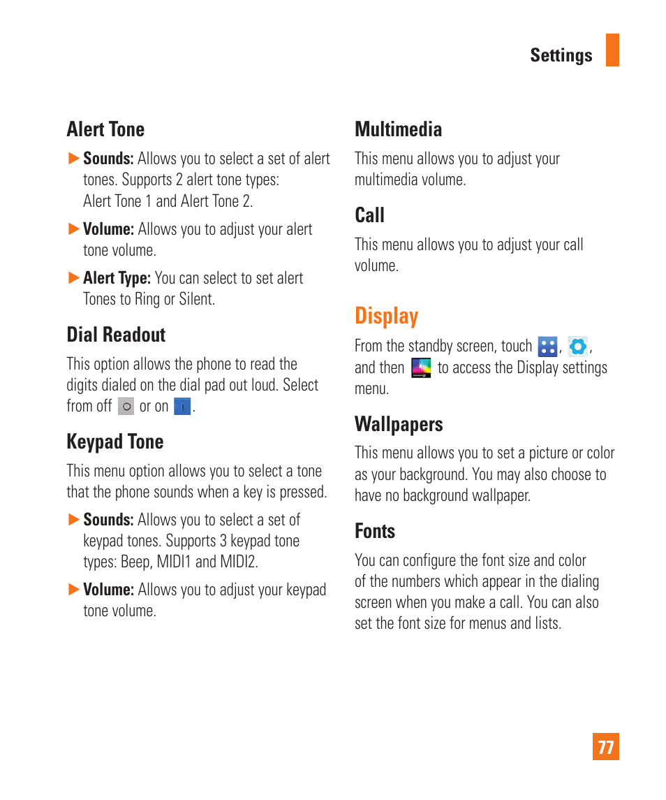 Alert tone, Dial readout, Keypad tone | Multimedia, Call, Display, Wallpapers, Fonts, Display wallpapers | LG C410 User Manual | Page 77 / 124