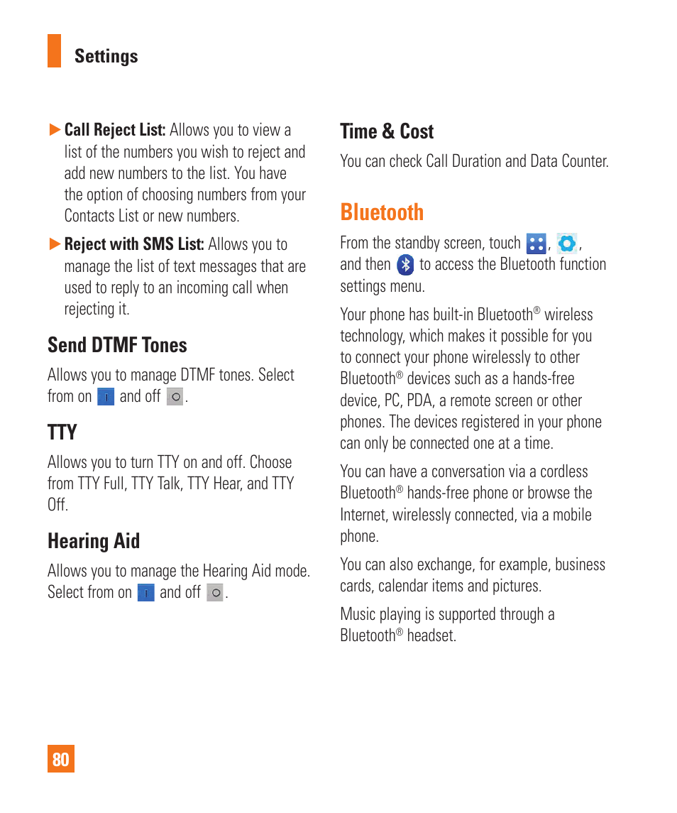 Send dtmf tones, Hearing aid, Time & cost | Bluetooth, Send dtmf tones tty hearing aid time & cost | LG C410 User Manual | Page 80 / 124