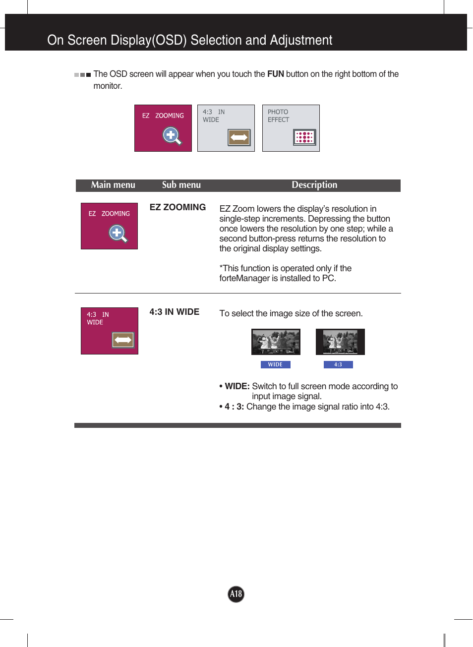 Ez zooming, 3 in wide, On screen display(osd) selection and adjustment | LG W2053TP-PF User Manual | Page 19 / 31