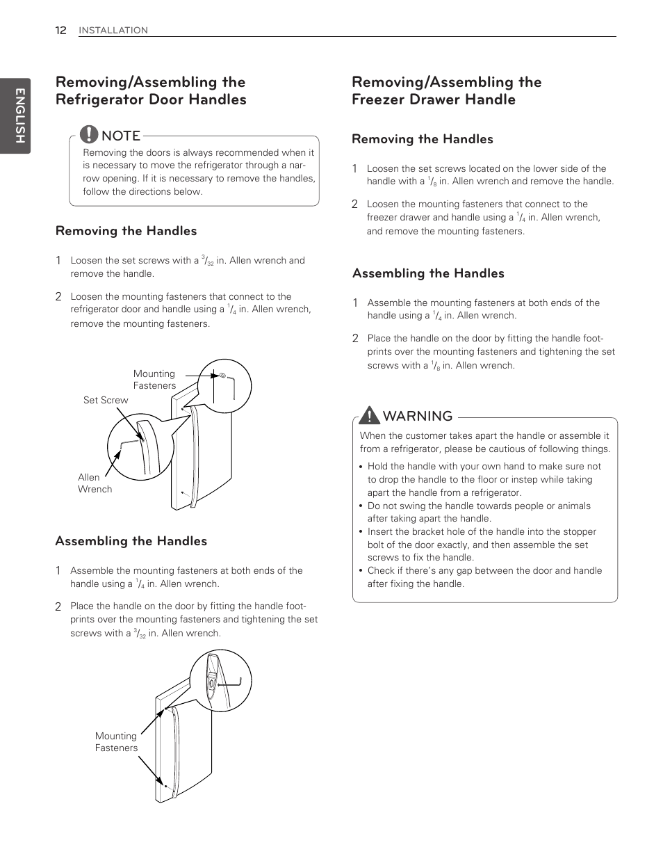Removing/assembling the refrigerator door handles, Removing/assembling the freezer drawer handle, Warning | Removing the handles, Assembling the handles, English | LG LMX25986ST User Manual | Page 12 / 53