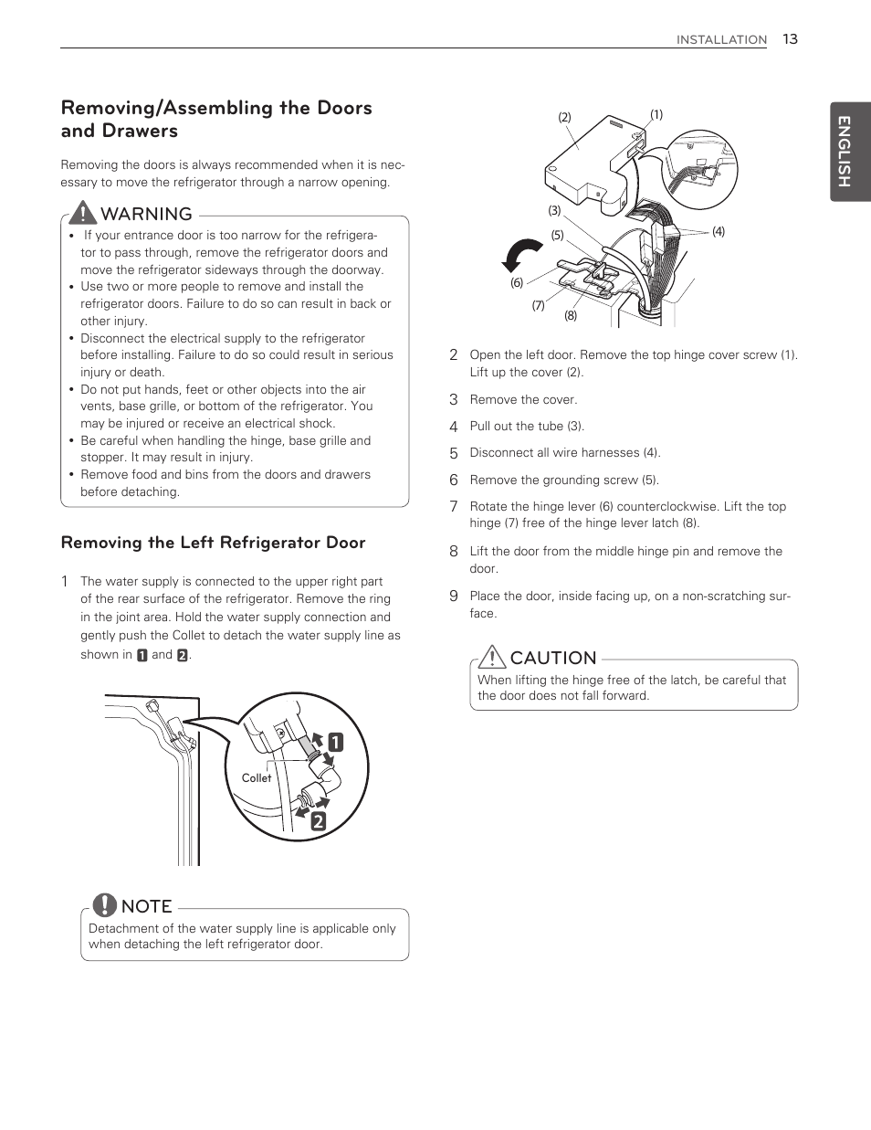 Removing/assembling the doors and drawers, Caution, Warning | Removing the left refrigerator door | LG LMX25986ST User Manual | Page 13 / 53