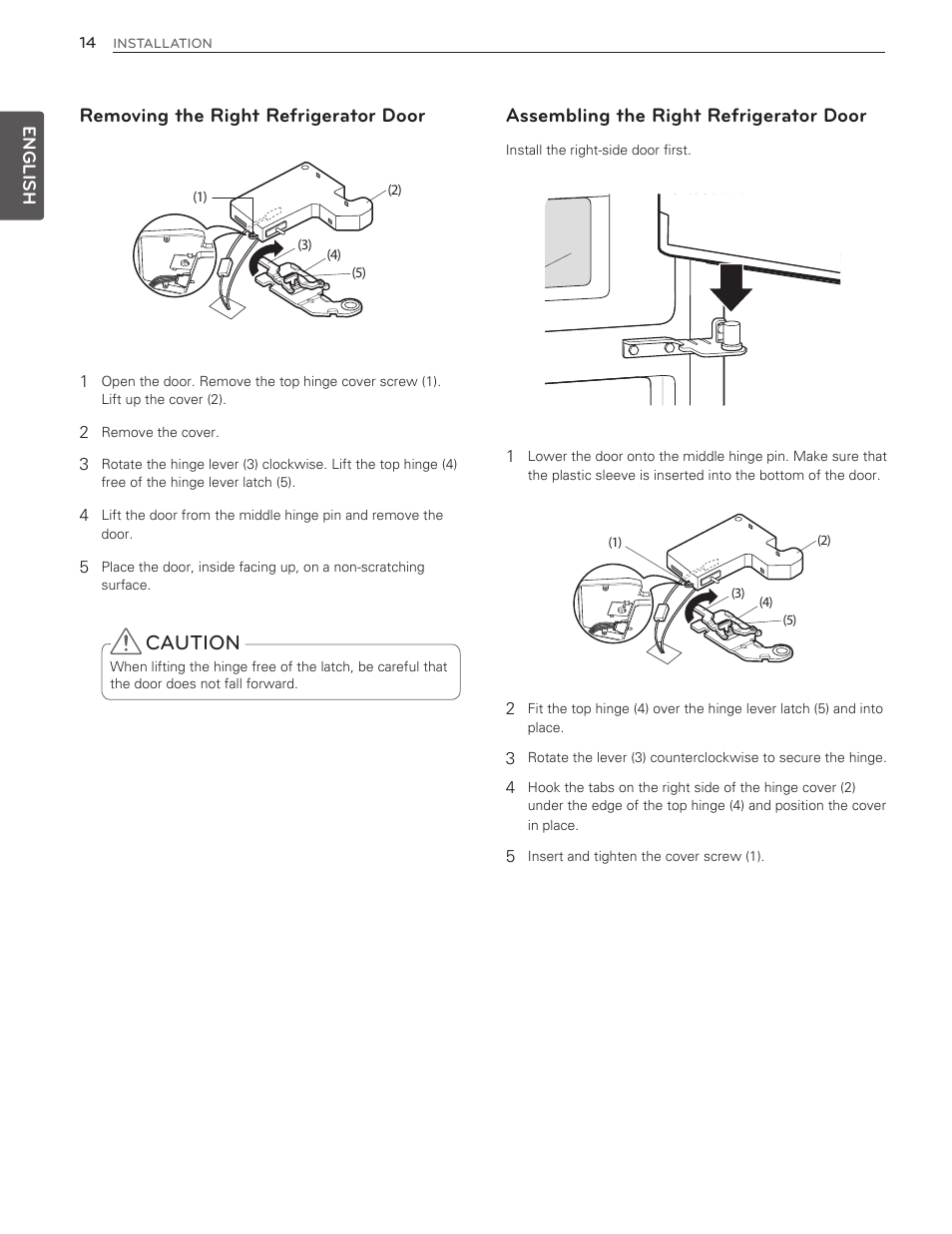 Caution, Removing the right refrigerator door, Assembling the right refrigerator door | English | LG LMX25986ST User Manual | Page 14 / 53