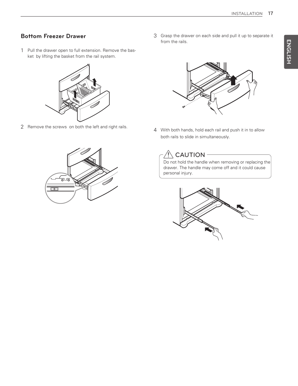 Caution, Bottom freezer drawer | LG LMX25986ST User Manual | Page 17 / 53