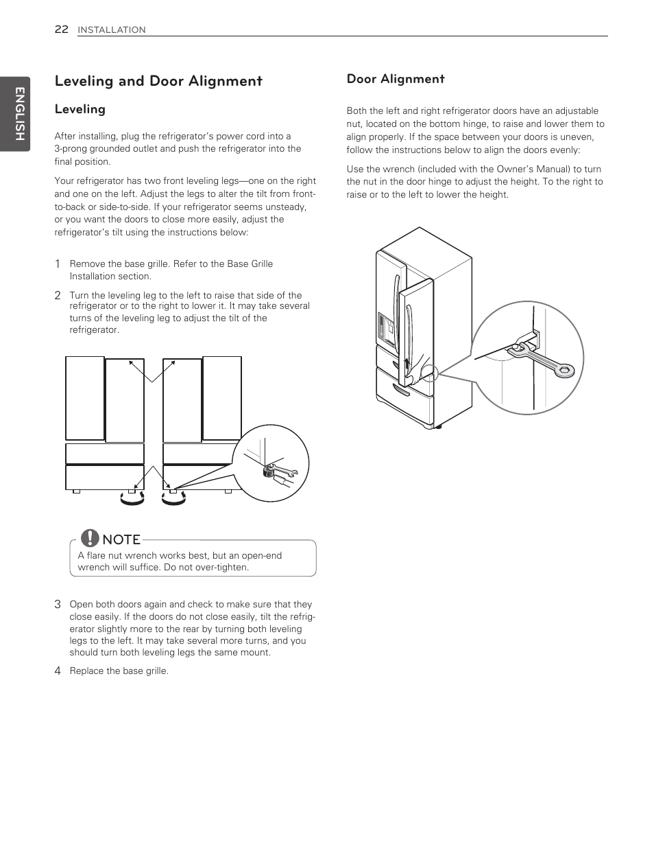 Leveling and door alignment, Leveling, Door alignment | LG LMX25986ST User Manual | Page 22 / 53