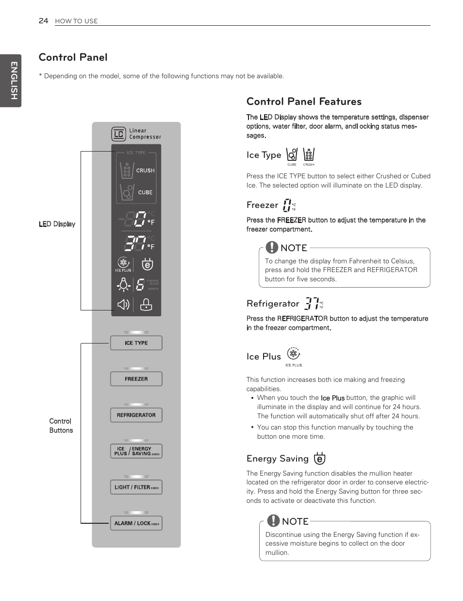 Control panel, Control panel features, Ice type | Freezer, Refrigerator, Ice plus, Energy saving | LG LMX25986ST User Manual | Page 24 / 53