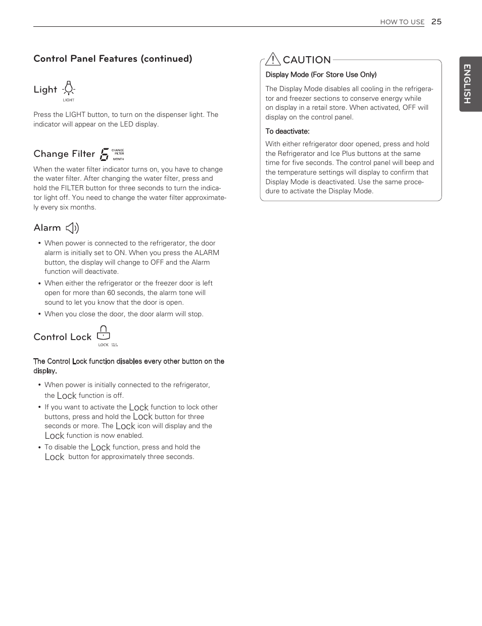 Caution, Light, Change filter | Alarm, Control lock, Control panel features (continued) | LG LMX25986ST User Manual | Page 25 / 53