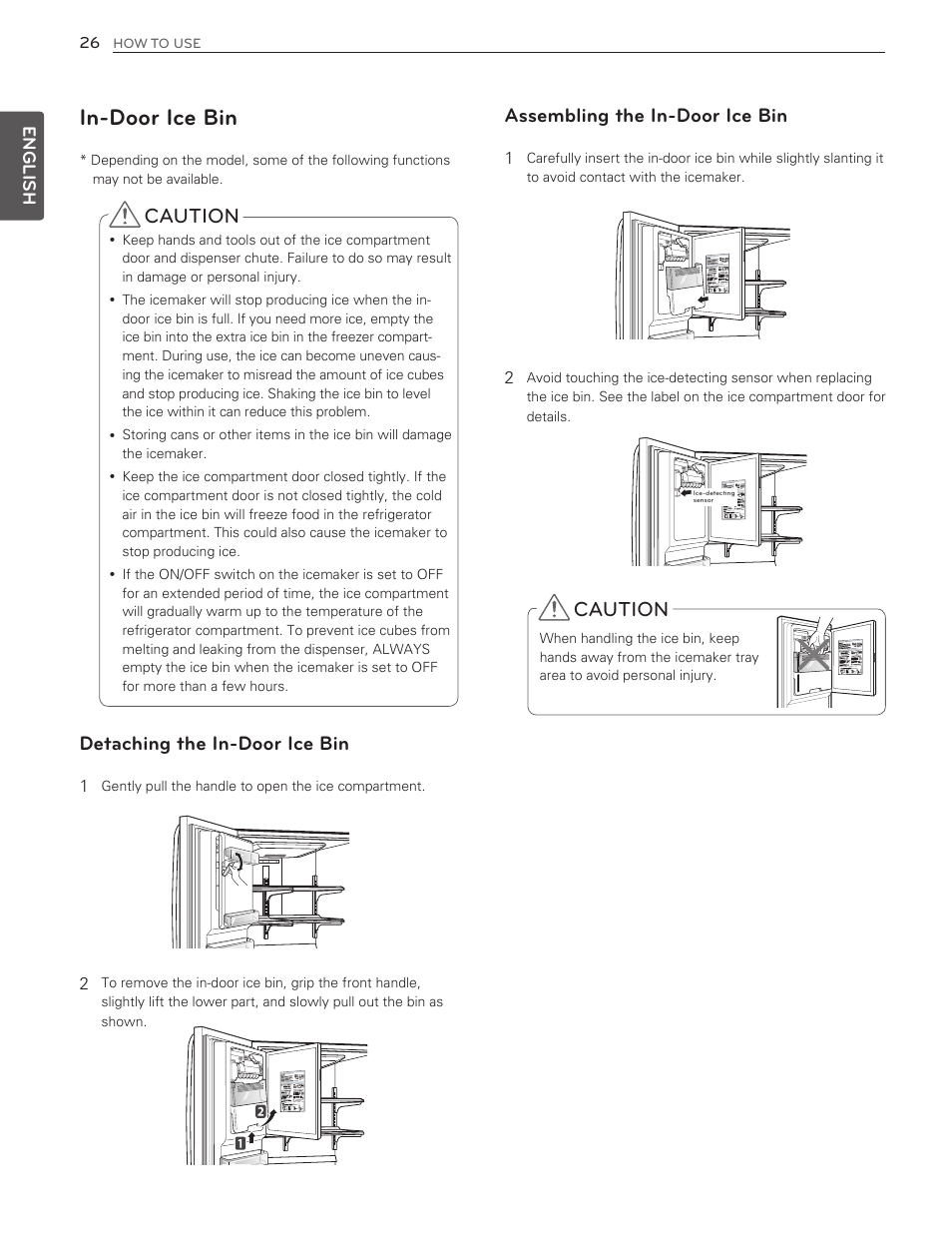 In-door ice bin, Caution, Detaching the in-door ice bin | Assembling the in-door ice bin | LG LMX25986ST User Manual | Page 26 / 53
