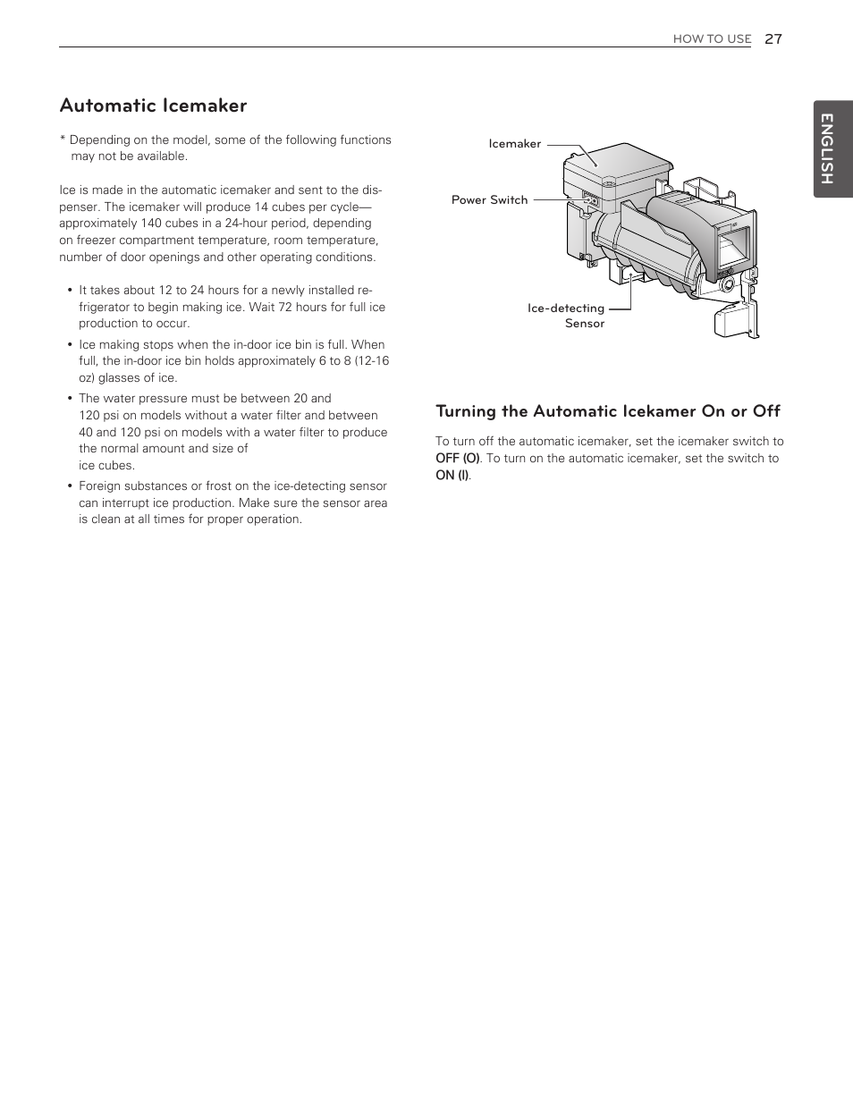 Automatic icemaker, Turning the automatic icekamer on or off | LG LMX25986ST User Manual | Page 27 / 53