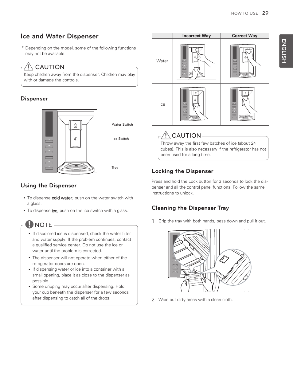 Ice and water dispenser, Caution, Using the dispenser | Dispenser locking the dispenser, Cleaning the dispenser tray | LG LMX25986ST User Manual | Page 29 / 53