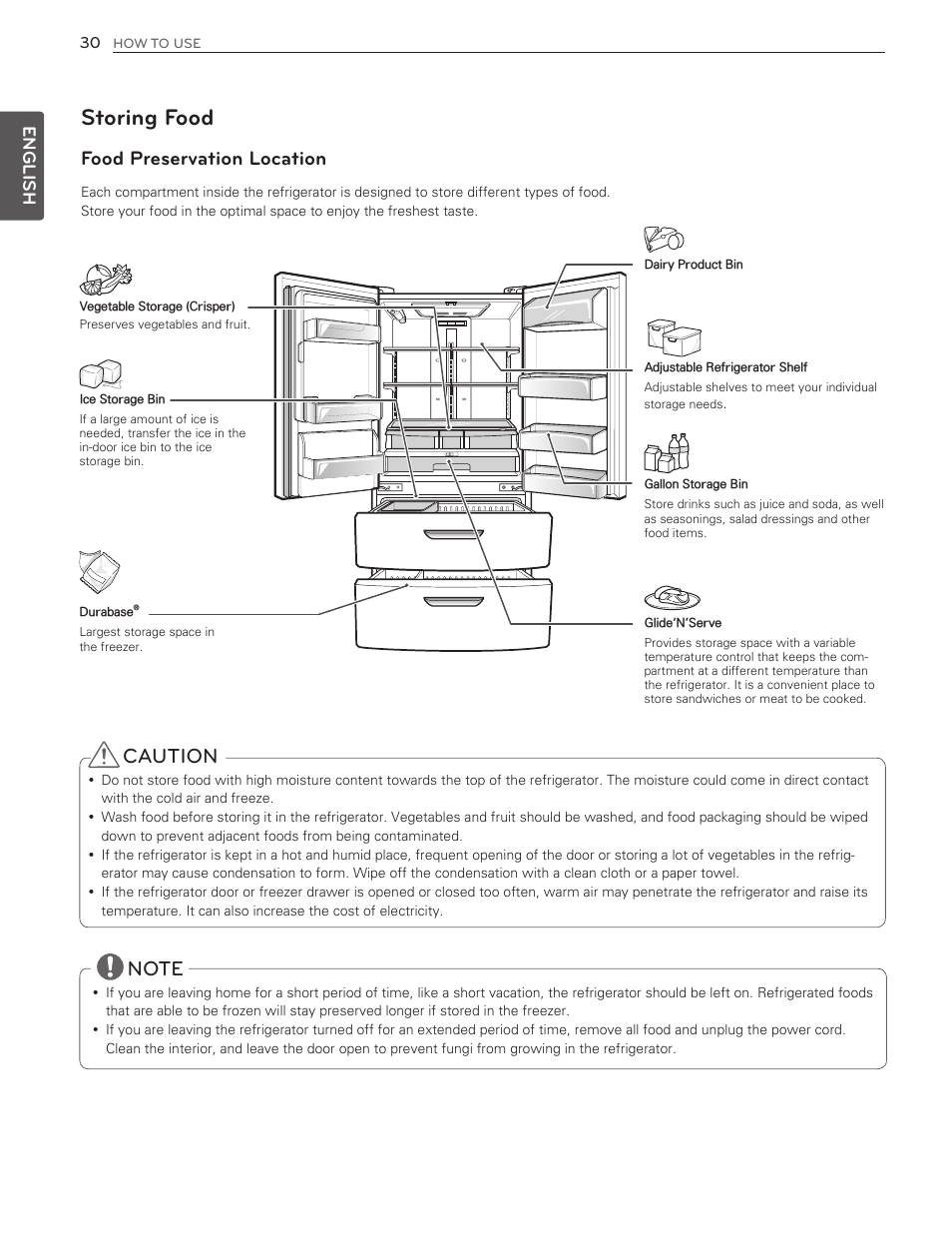 Storing food, Caution, Food preservation location | English | LG LMX25986ST User Manual | Page 30 / 53